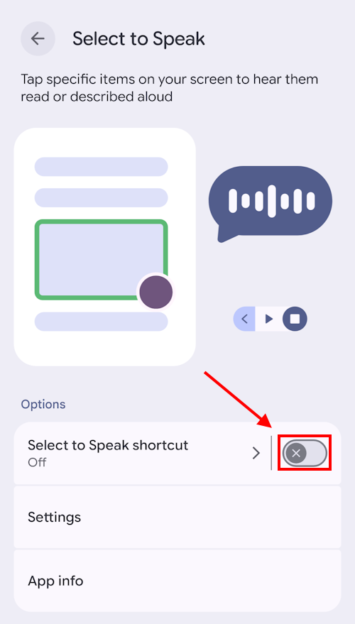 Tap the toggle switch for Select to Speak shortcut to turn it on